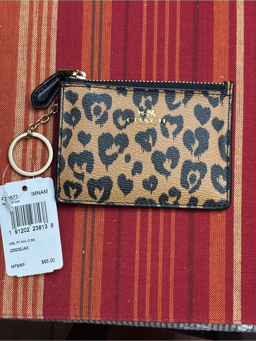 Coach Tan & Black Leopard Heart Zip Card Case with Key Ring